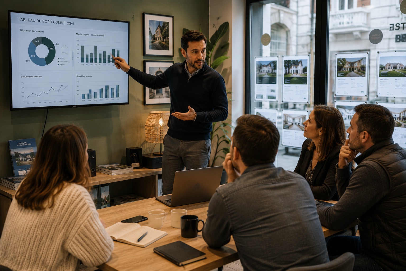 Directeur d'agence présentant le tableau de pilotage commercial à son équipe